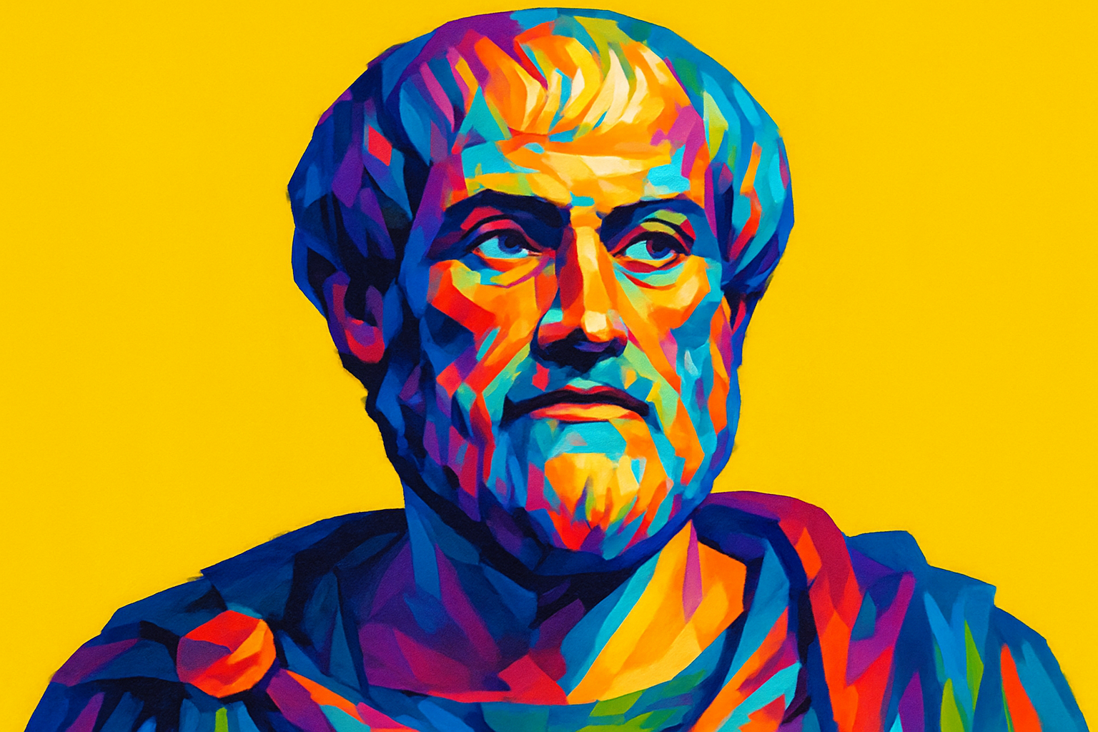Vibrant pop art representation of Aristotle (384-322 BCE), one of the most influential philosophers in Western history and a student of Plato. This colorful, modern artistic interpretation captures the essence of the ancient Greek thinker who made groundbreaking contributions to virtually every field of knowledge, including logic, ethics, politics, biology, and metaphysics. Aristotle founded the Lyceum in Athens and tutored Alexander the Great, establishing philosophical and scientific methods that influenced intellectual thought for over two millennia. His systematic approach to knowledge, empirical observations, and logical reasoning laid the foundation for modern scientific methodology. The dynamic use of bold colors in this artwork reflects the enduring vitality and relevance of his philosophical legacy, which continues to shape education, science, and philosophical discourse in the contemporary world.