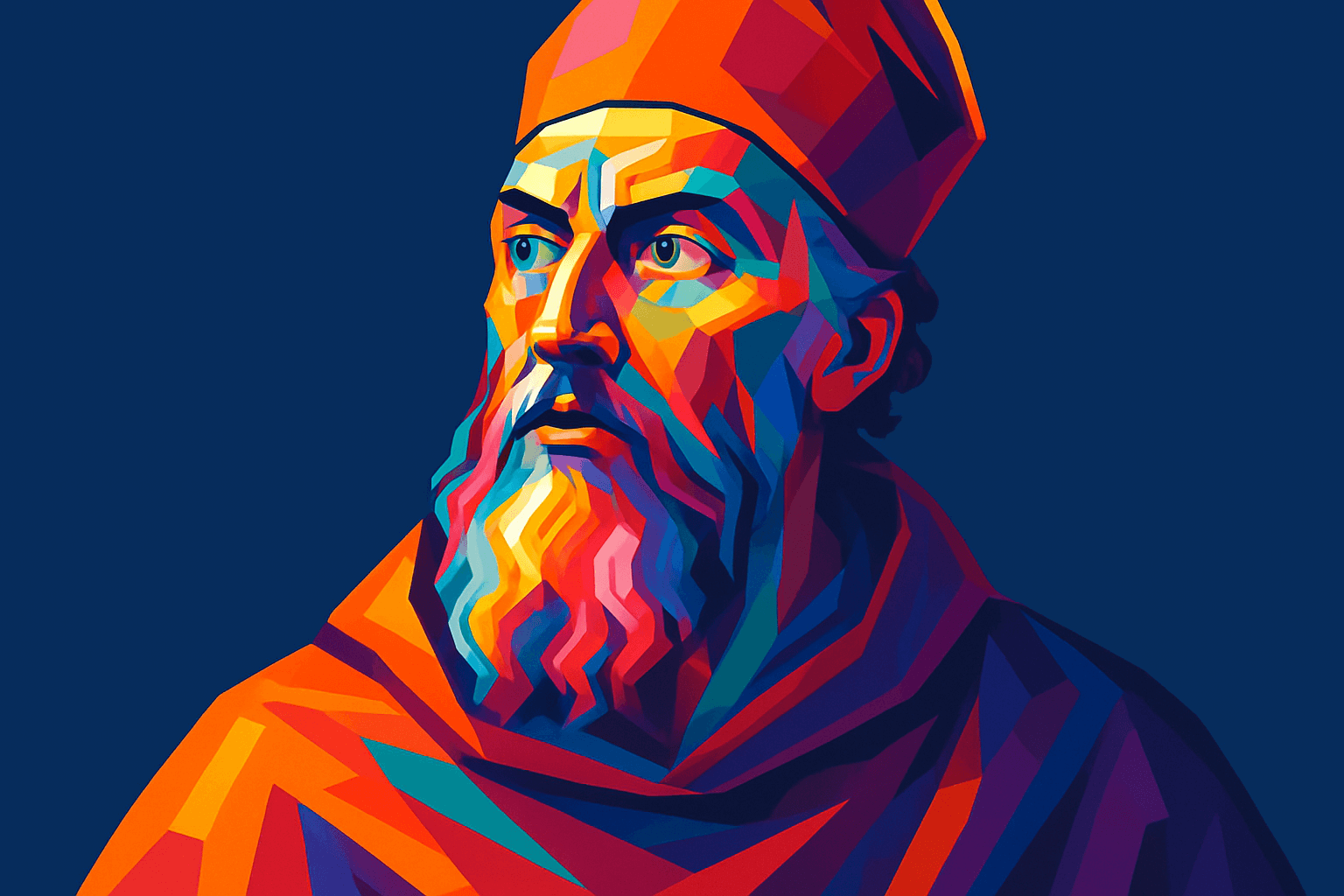 Striking pop art portrait of Augustine of Hippo (354-430 CE), one of the most influential theologians and philosophers in Christian history. This contemporary artistic interpretation uses bold geometric colors to represent the man who bridged classical philosophy with Christian doctrine, fundamentally shaping Western Christianity and philosophical thought. Augustine's major works, including "Confessions" and "The City of God," explored themes of sin, grace, free will, and the nature of time that continue to influence theology, philosophy, and literature today. As Bishop of Hippo in North Africa, he developed key doctrines regarding original sin, divine grace, and predestination that became central to both Catholic and Protestant theology. The vibrant, layered colors in this artwork reflect the complexity of his intellectual journey from Manichaeism through skepticism to Christianity, and his synthesis of Platonic philosophy with Christian faith that established him as one of the Church Fathers and a pivotal figure in the development of Western thought.