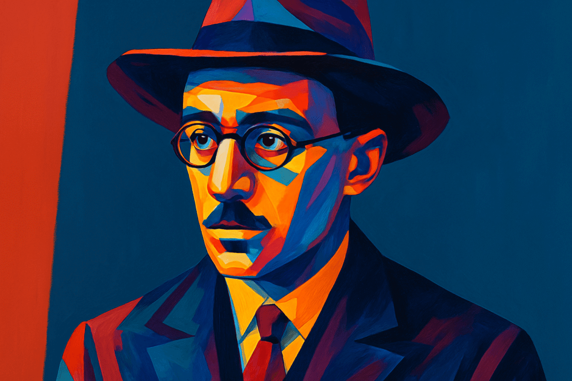 Fernando Pessoa — iconic Portuguese poet depicted in a vibrant, modernist portrait, wearing his trademark suit, glasses, and fedora, set against a bold abstract background reflecting his multifaceted literary identity.