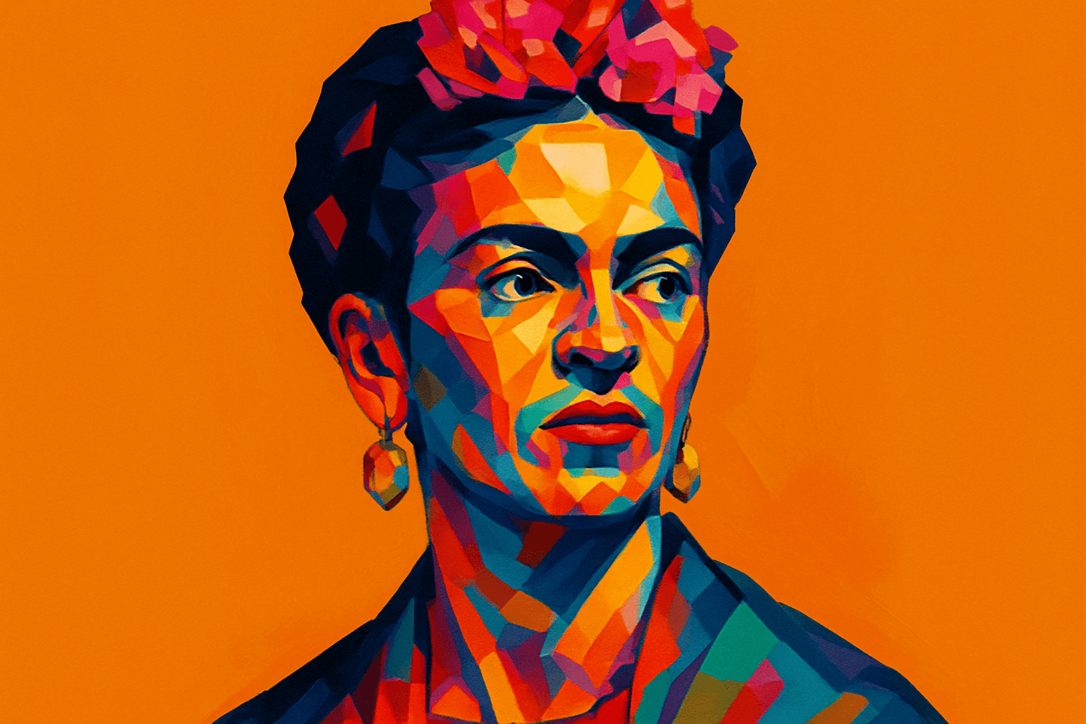 Frida Kahlo — iconic Mexican painter portrayed in vibrant cubist style, wearing traditional earrings and floral headpiece, set against a bold orange background.