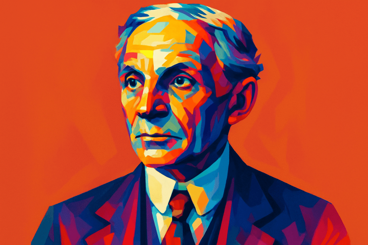 Henry Ford — American industrialist and founder of the Ford Motor Company, depicted in a colorful geometric portrait against a bold orange background, symbolizing innovation and industrial progress.