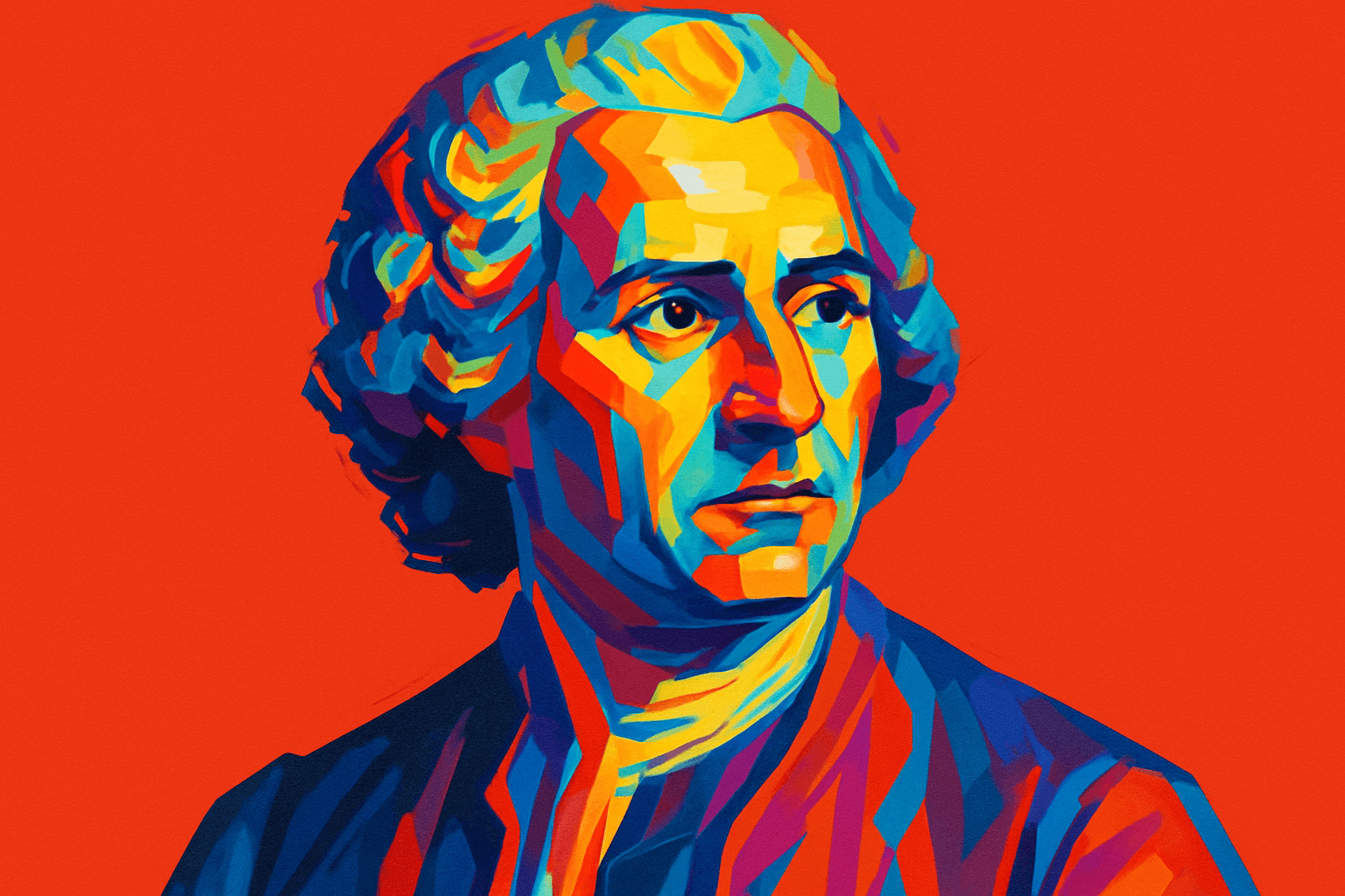 Jean-Jacques Rousseau — Enlightenment philosopher portrayed in a vibrant, abstract pop-art style with multicolored tones against a solid red background, emphasizing his expressive gaze and intellectual presence.