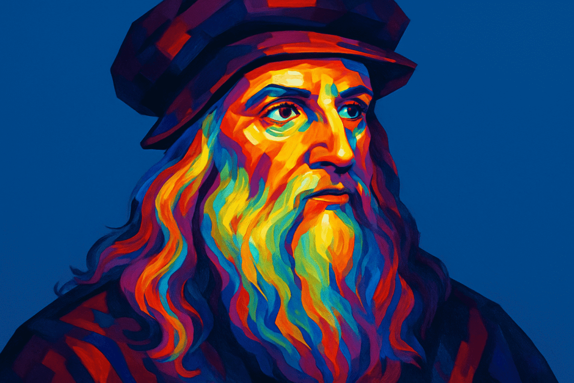 Leonardo da Vinci — Renaissance polymath portrayed in vibrant, multicolored tones, wearing a traditional cap and robe against a deep blue background, symbolizing his brilliance and multifaceted genius in art, science, and invention.