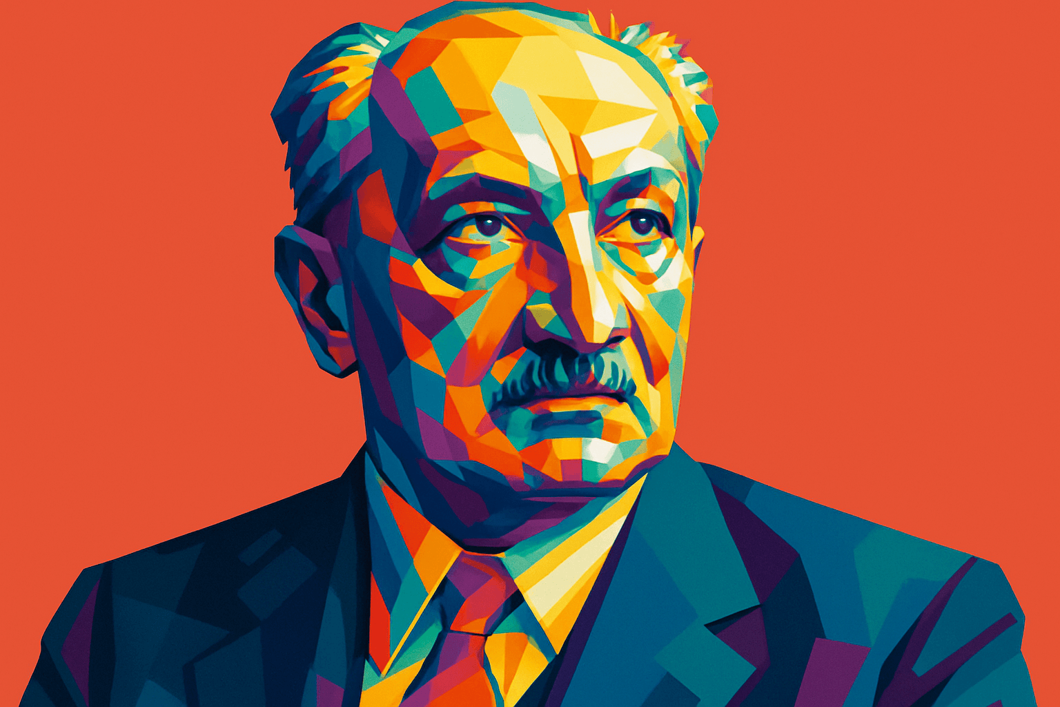 Martin Heidegger — influential German philosopher portrayed in a vibrant, geometric pop art style against a solid red background, wearing a suit and tie with a thoughtful expression.