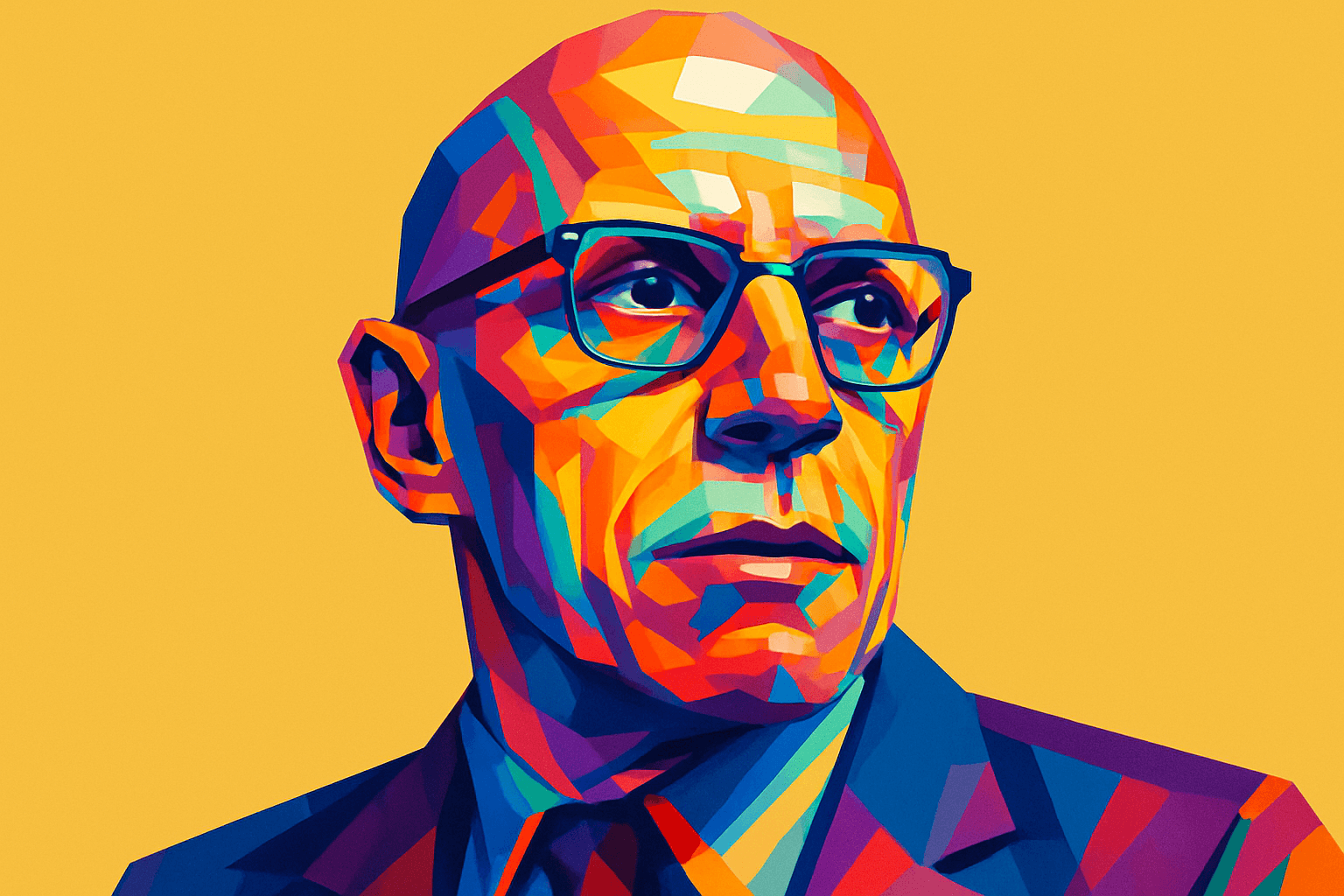 Michel Foucault — renowned French philosopher and historian, depicted in a vibrant WPAP (Wedha's Pop Art Portrait) style with bold geometric shapes and multicolored tones against a solid yellow background, symbolizing his profound influence on modern thought and critical theory.