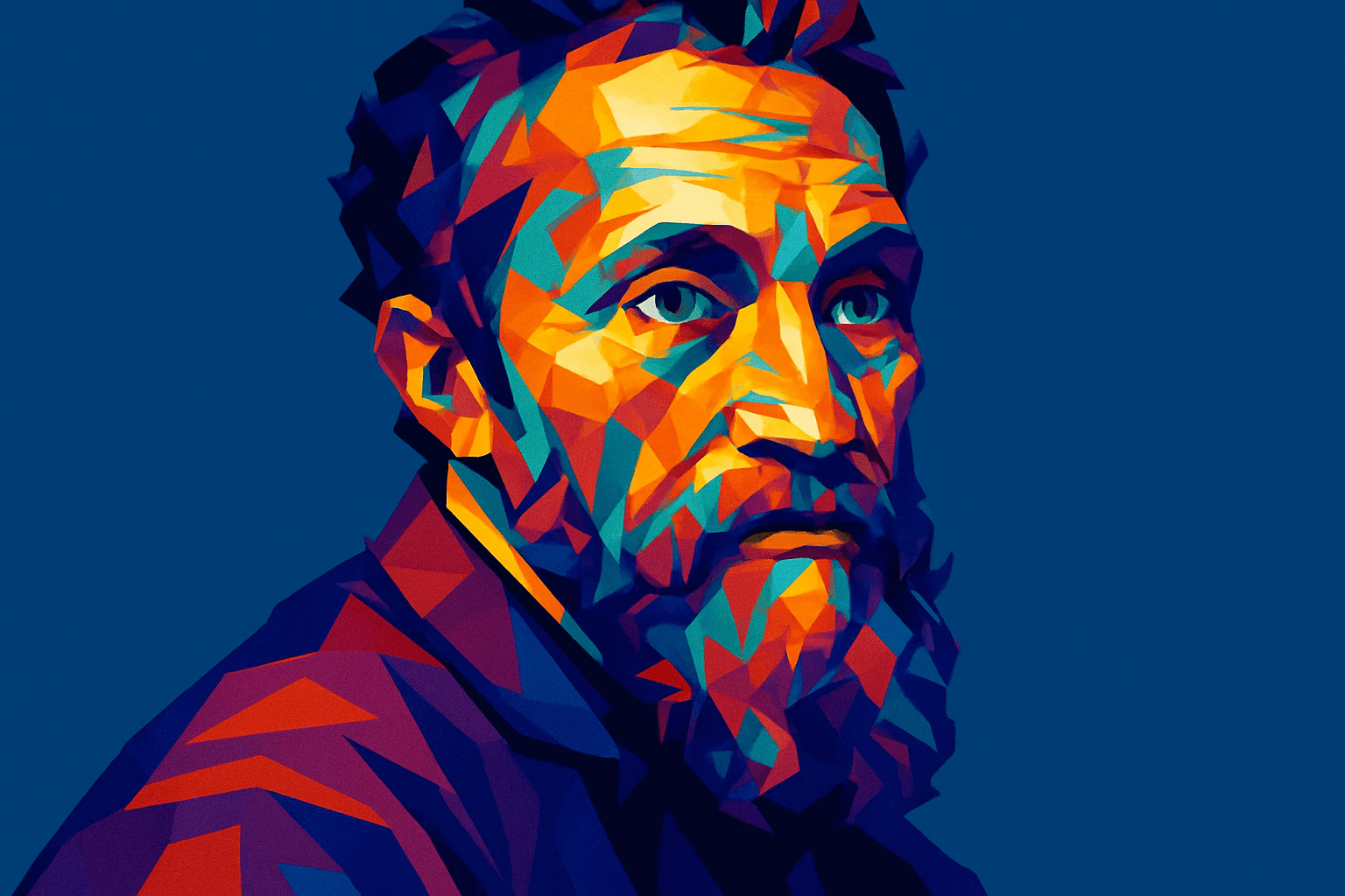 Michelangelo — Renaissance artist portrayed in vibrant geometric style, showcasing his intense gaze and iconic beard against a deep blue background.