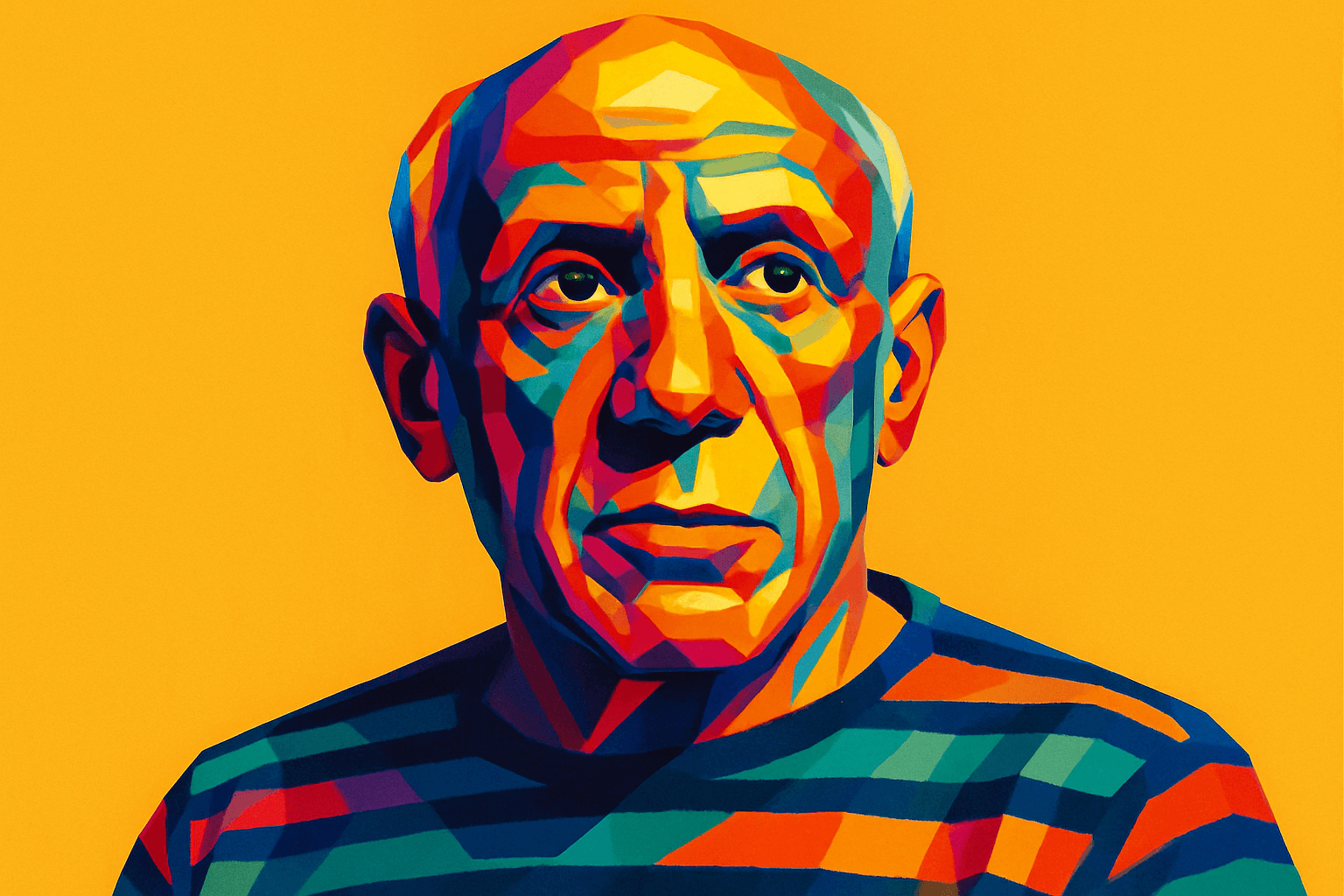 Pablo Picasso — iconic Spanish painter and sculptor, portrayed in a vibrant, geometric pop-art style against a vivid yellow background, wearing a striped shirt reminiscent of his later-life appearances.