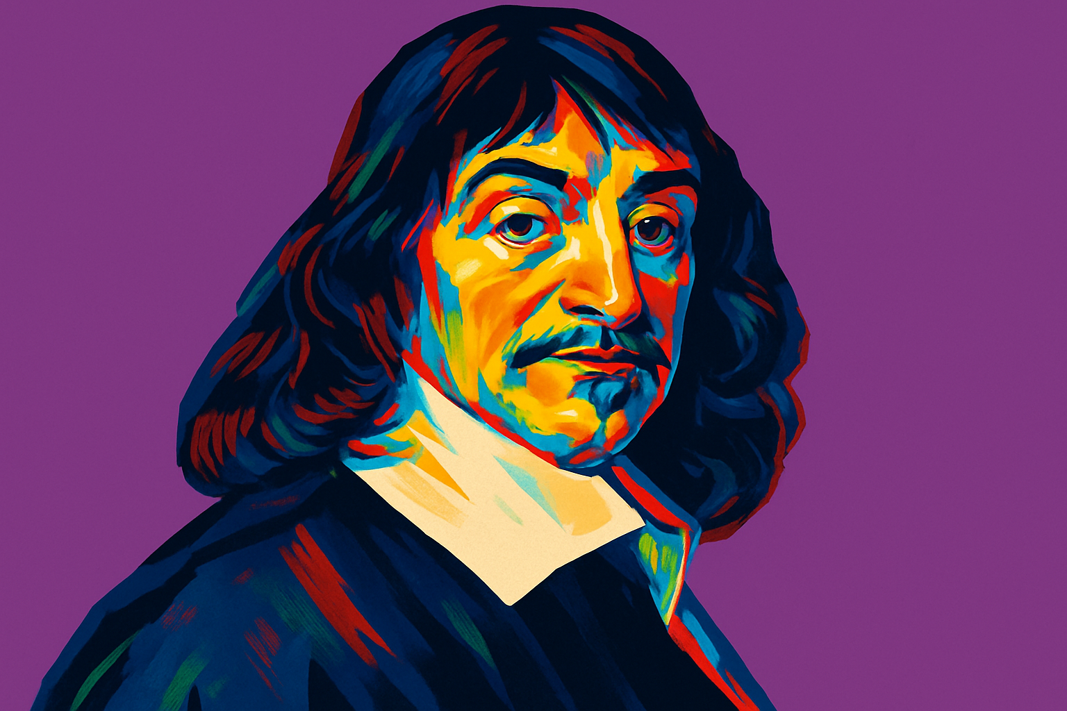 Vibrant pop art portrait of René Descartes (1596-1650), the French philosopher, mathematician, and scientist who is often called the "Father of Modern Philosophy." This dynamic artistic interpretation captures the intellectual intensity of the man who revolutionized Western thought with his famous declaration "Cogito ergo sum" (I think, therefore I am). Descartes made groundbreaking contributions to philosophy through his method of systematic doubt and dualistic separation of mind and body, while in mathematics he developed the Cartesian coordinate system that bears his name. His work "Discourse on the Method" established the foundation for the scientific method and rational inquiry. The bold, contrasting colors in this contemporary artwork reflect the revolutionary nature of his ideas, which bridged medieval scholasticism and modern rationalism, fundamentally changing how we understand knowledge, existence, and the relationship between thought and reality.