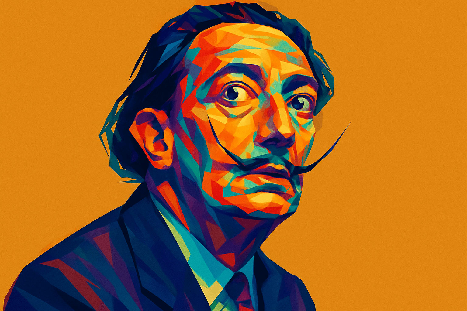 Salvador Dalí — surrealist artist portrayed in vibrant geometric colors, featuring his iconic upturned mustache and wide-eyed expression, set against a bold orange background.