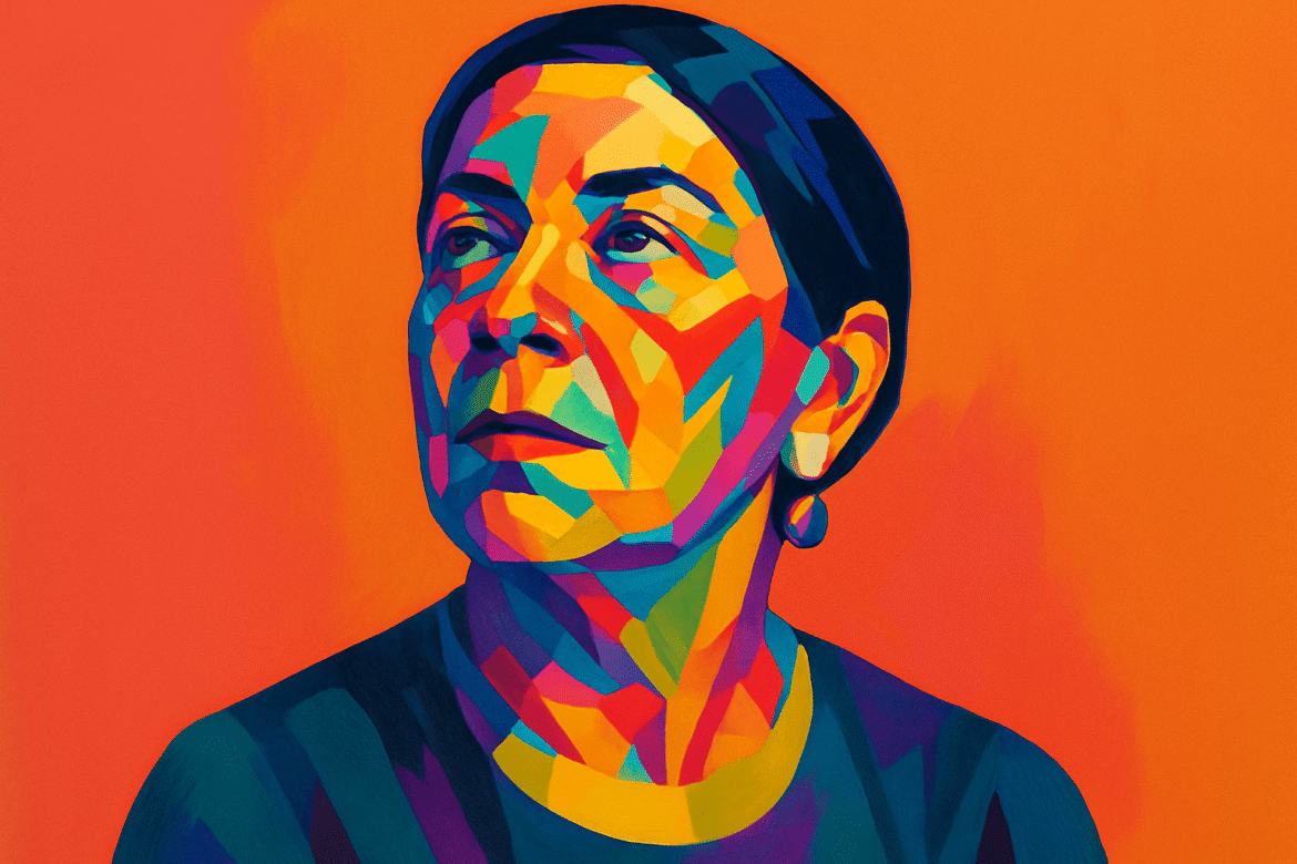 Tarsila do Amaral — renowned Brazilian modernist artist, depicted in a vibrant, cubist-inspired portrait with bold geometric shapes and vivid colors on an orange background, reflecting her influential role in the Antropofagia movement and modern art in Brazil.