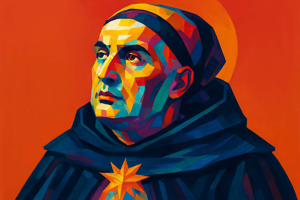 Vibrant pop art portrait of Thomas Aquinas (1225-1274), the Italian Dominican friar and scholastic philosopher who became one of the most influential thinkers in Western Christianity. This contemporary artistic interpretation uses bold geometric colors to represent the man who masterfully synthesized Aristotelian philosophy with Christian theology, creating a comprehensive philosophical system that dominated medieval thought. Aquinas's monumental work "Summa Theologica" addressed fundamental questions about God's existence, the nature of knowledge, ethics, and the relationship between reason and faith. His famous "Five Ways" - logical arguments for God's existence - and his development of natural law theory profoundly shaped Catholic doctrine and Western philosophical tradition. The luminous star symbol on his robes references his Dominican order, while the explosive colors reflect the revolutionary nature of his integration of classical Greek philosophy with medieval Christian thought. Canonized as a saint and declared a Doctor of the Church, Aquinas established a rational foundation for religious belief that continues to influence theology, philosophy, and ethics today.