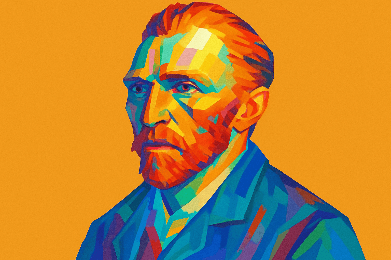 Vincent van Gogh — iconic Dutch painter depicted in a vibrant, abstract portrait with bold geometric shapes and vivid colors, set against a solid orange background.