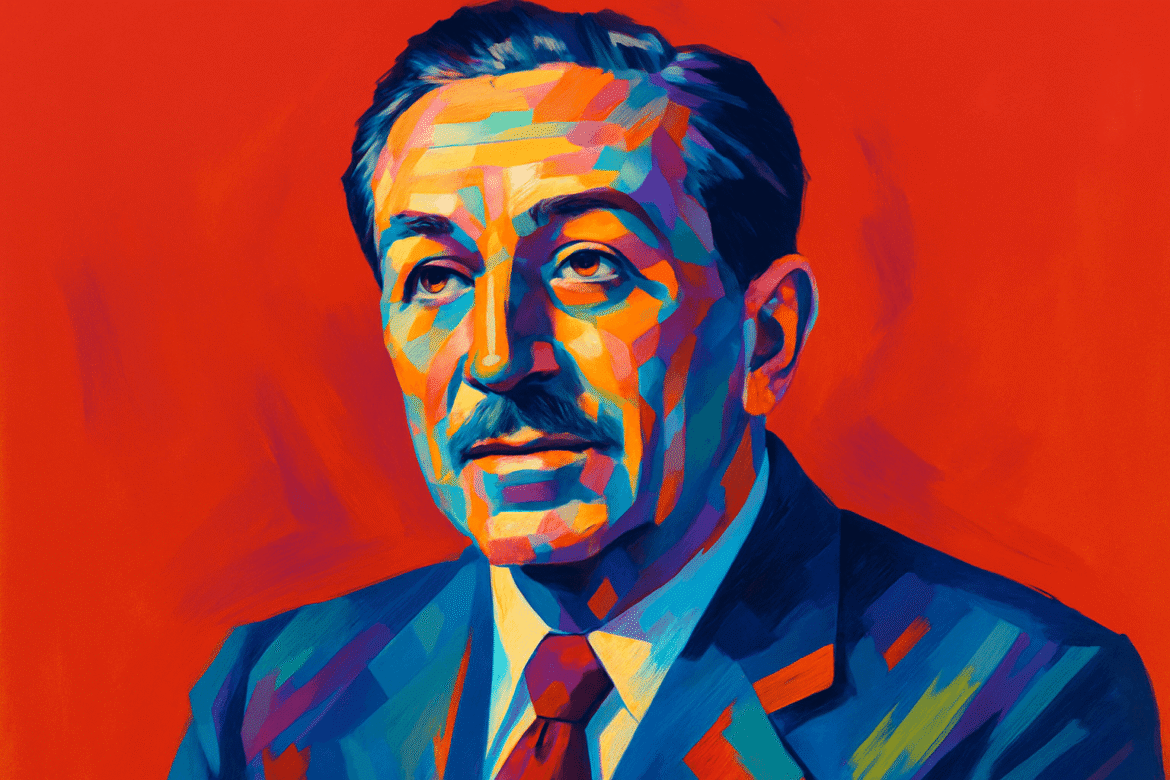 Walt Disney — visionary animator and entrepreneur, portrayed in a vibrant pop-art style with bold color blocks, set against a vivid red background that emphasizes his iconic status in entertainment history.