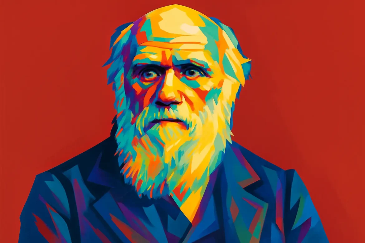 Vibrant, pop art-style portrait of Charles Darwin (1809–1882), the British naturalist best known for developing the theory of evolution through natural selection. His groundbreaking work, particularly in 'On the Origin of Species,' revolutionized biological sciences and reshaped our understanding of life on Earth. This colorful interpretation reflects the enduring impact and bold thinking of one of science's most influential figures.