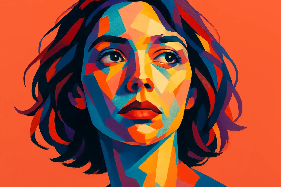 Artistic abstract portrait of a woman with a contemplative expression, composed of vivid geometric shapes in tones of red, blue, orange, and yellow. The thoughtful look and the intense colors evoke deep emotions tied to the theme of impossible love, portraying the inner complexity and silent sorrow of unreachable affection. Set against a solid warm orange background, the image captures the tension between vibrant emotion and quiet resignation.