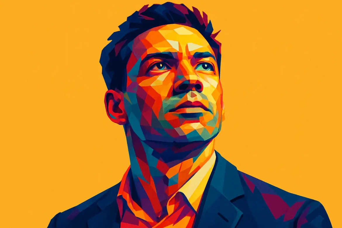 Vibrant pop art illustration of a confident man in a suit, looking upward with determination against a bright orange background. This image symbolizes ambition, vision, and the pursuit of success—an ideal representation for the theme '100 Motivational Quotes for Success.' The bold geometric colors emphasize strength, focus, and personal empowerment.