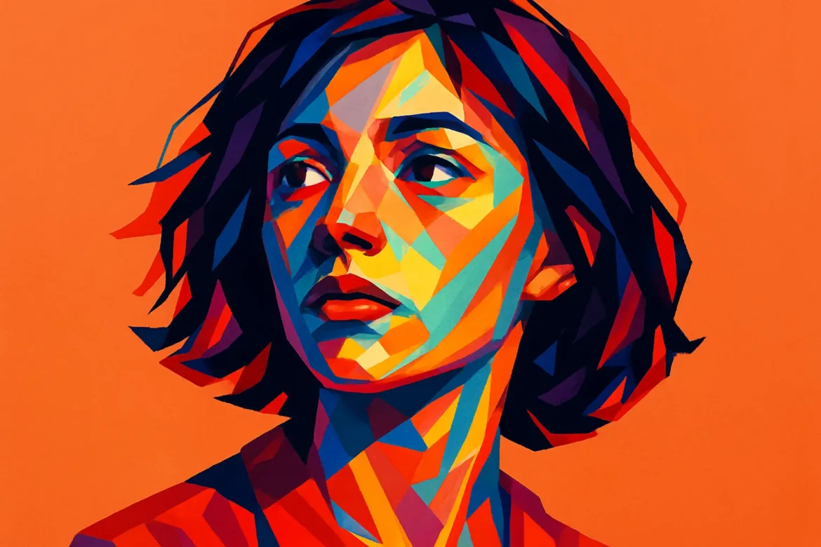 A digital illustration of a young woman depicted in a vivid, geometric pop art style, set against a bright orange background. Her thoughtful expression and gaze into the distance evoke the introspective emotions often associated with a first love—nostalgia, longing, and the quiet reflection on feelings once new and overwhelming. The vibrant palette of blues, reds, and oranges enhances the emotional depth of the piece, making it a striking visual metaphor for the passion and complexity of youthful affection.