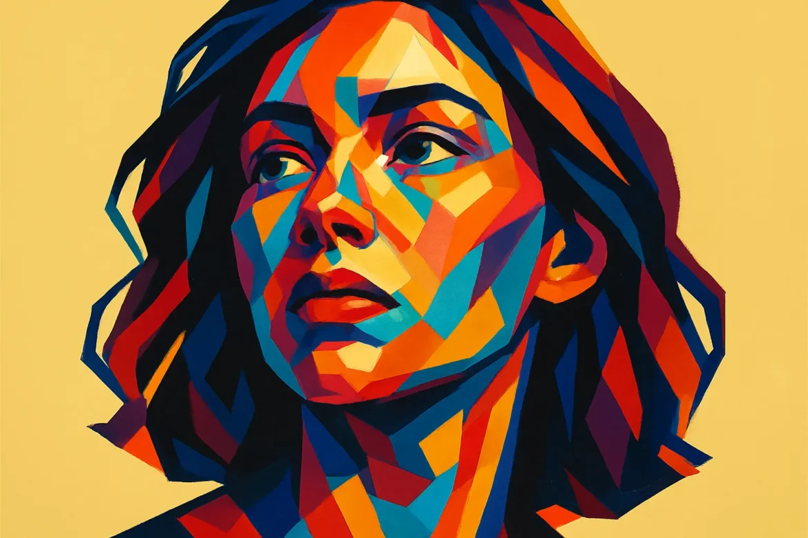 Colorful abstract portrait of a young woman gazing to the side, embodying solitude and longing. Her expression hints at introspection and emotional strength — a visual metaphor for long-distance love, where feelings remain vivid and powerful despite the physical space. The geometric patterns and vibrant hues evoke passion, resilience, and the complexity of maintaining emotional connections across distances.