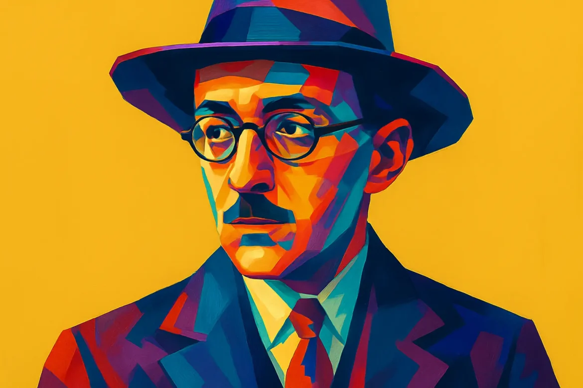 Colorful artistic portrait of Fernando Pessoa (1888 – 1935), renowned Portuguese poet, writer, and literary critic. Known for his profound reflections on solitude, identity, and the human condition, Pessoa authored his work using multiple heteronyms, creating a rich and layered body of literature that has left a lasting impact on modernist poetry. This vibrant representation underscores the intensity and introspection common in his writings.