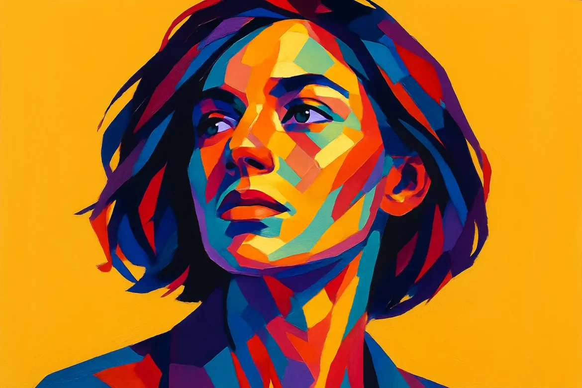 Vivid and expressive pop art-style portrait of a woman set against a bright yellow background, featuring a vibrant mosaic of colors across her face and clothing. Her contemplative gaze captured in this artwork symbolizes strength, longing, and the timeless devotion evoked by the theme of eternal love.