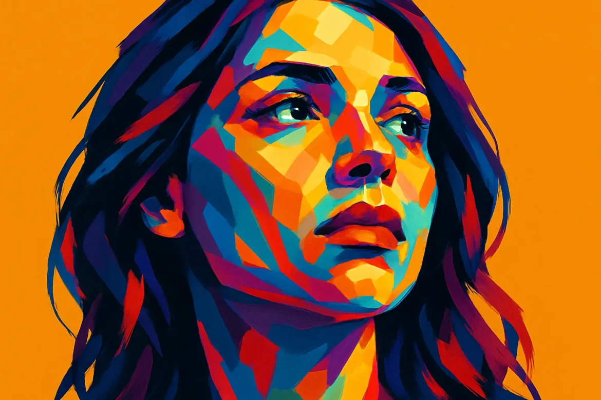 Vivid digital artwork featuring a stylized portrait of a woman gazing thoughtfully into the distance, rendered in a mosaic of bold, contrasting colors like blue, red, yellow, and orange. The bright orange background enhances the emotional depth of the image, evoking feelings of longing and introspection—perfectly capturing the theme of 'Saudade do Amor,' the Portuguese word for the deep emotional state of nostalgic or profound melancholic longing for a loved one.