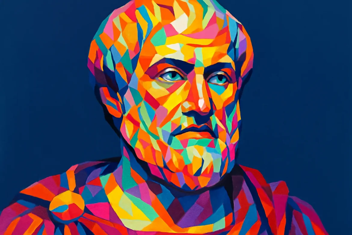 Colorful geometric portrait of Aristotle (384–322 BCE), one of the most influential figures in Western philosophy. A student of Plato and teacher to Alexander the Great, Aristotle developed a comprehensive ethical framework centered on virtue, reason, and the pursuit of the 'good life'. His works, including the 'Nicomachean Ethics', continue to shape philosophical discourse on morality, character, and human purpose.