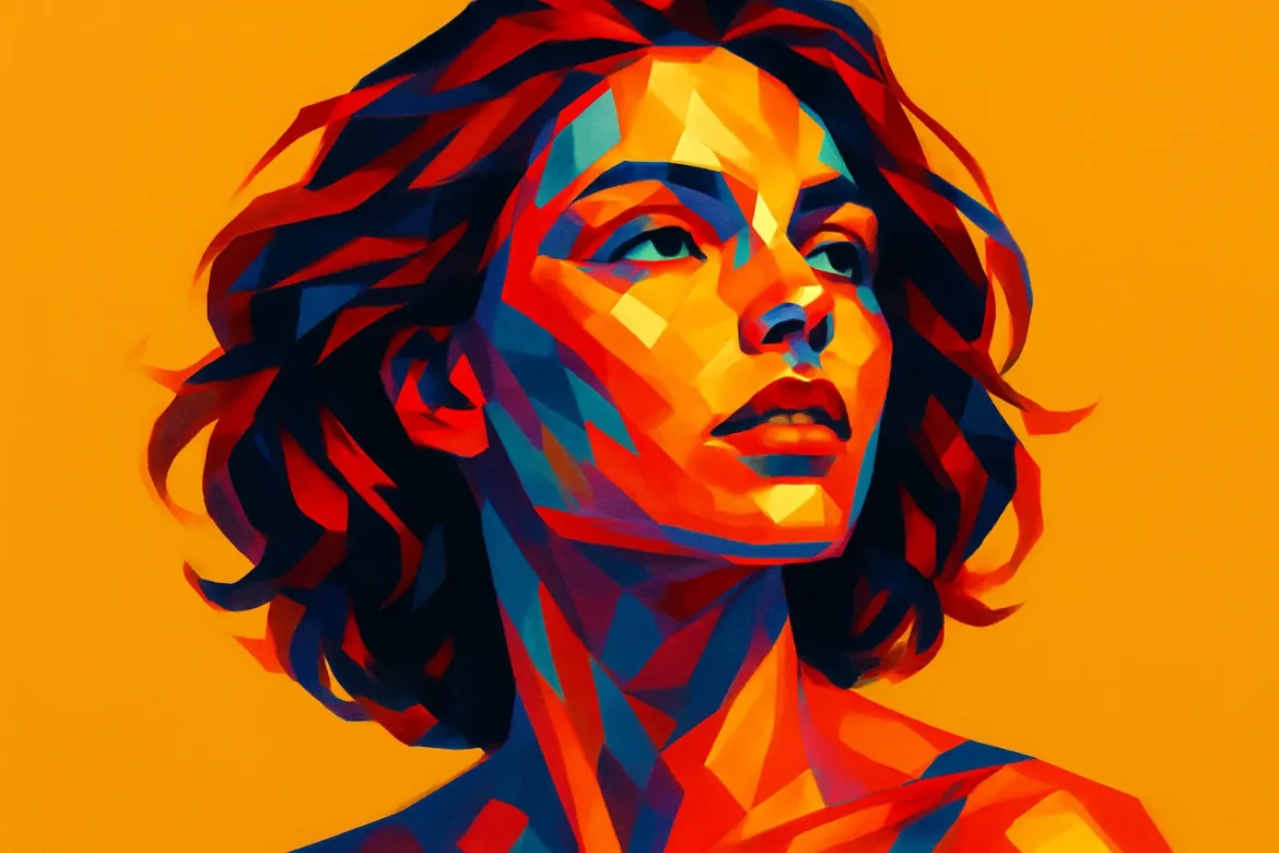 Vivid and expressive abstract painting of a woman, rendered in intense hues of red, orange, and blue against a striking yellow background. Her gaze is lifted and contemplative, embodying the burning emotion and depth suggested by the theme of 'ardent passion.' The dynamic use of color and geometric shapes evokes both strength and vulnerability, capturing the essence of emotional intensity.