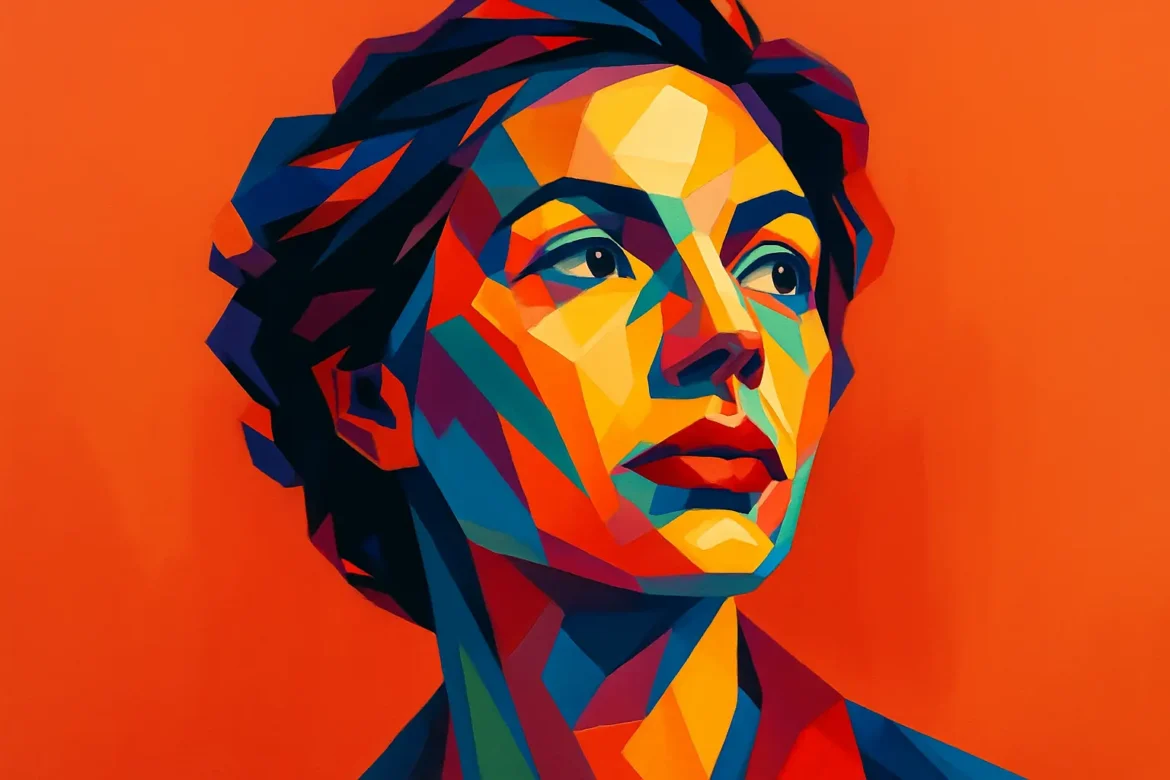Vivid and geometric digital art of a woman gazing upward with determination, set against a bold orange background. The use of saturated colors and angular shapes symbolizes creativity, strength, and inspiration—perfectly capturing the spirit of a collection of 25 inspirational quotes.