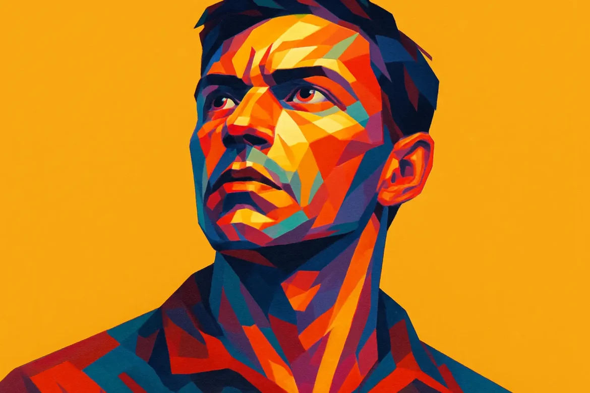 A striking abstract illustration of a man gazing upward, rendered in a vivid geometric style dominated by bold reds, blues, and oranges against a solid yellow background. The intense expression on his face conveys focus and determination, perfectly capturing the essence of unwavering willpower and the human drive to overcome obstacles. This visual representation aligns with the theme of '30 Phrases on Determination,' embodying the strength and resilience found in persistent ambition.