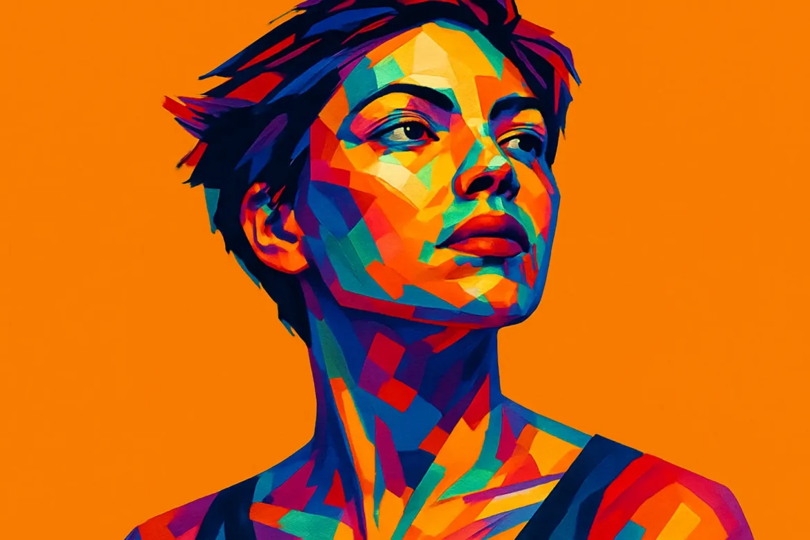 A striking abstract portrait of a confident young woman rendered in bold, vibrant geometric shapes on a bright orange background. The composition conveys strength, self-assurance, and a powerful sense of self-love, capturing the essence of inner beauty and empowerment in a modern and artistic expression.