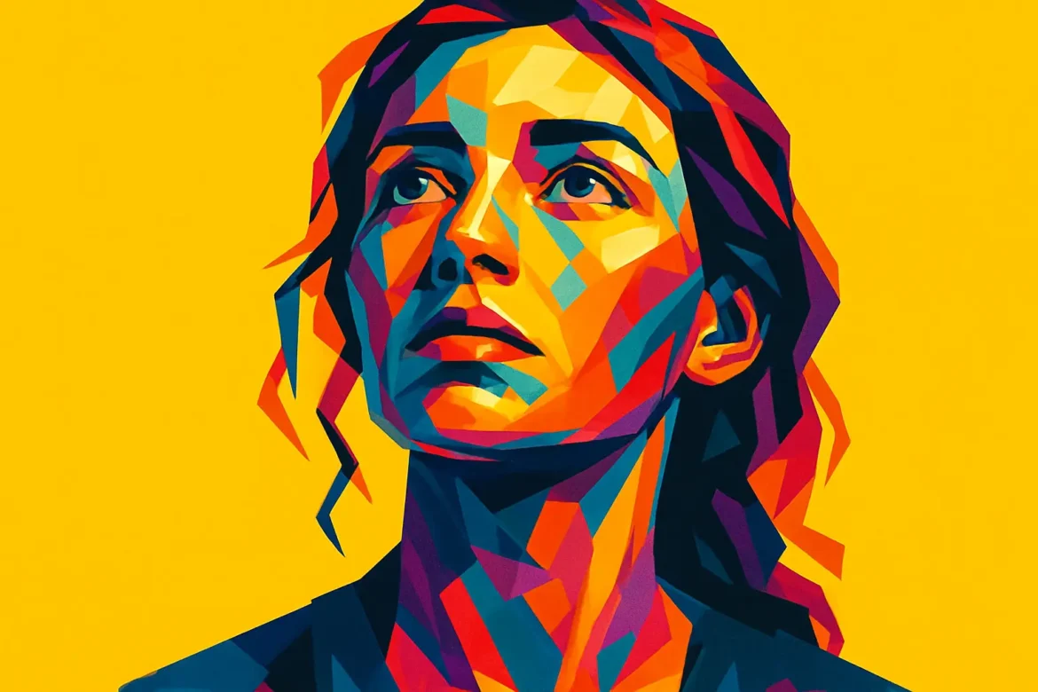 Vibrant digital illustration of a woman gazing upward with a serene and hopeful expression, symbolizing trust and spiritual contemplation. Rendered in a striking pop-art style with bold geometric shapes and vivid colors, this artwork captures the essence of faith and inner strength against a bright yellow background, emphasizing light and optimism.