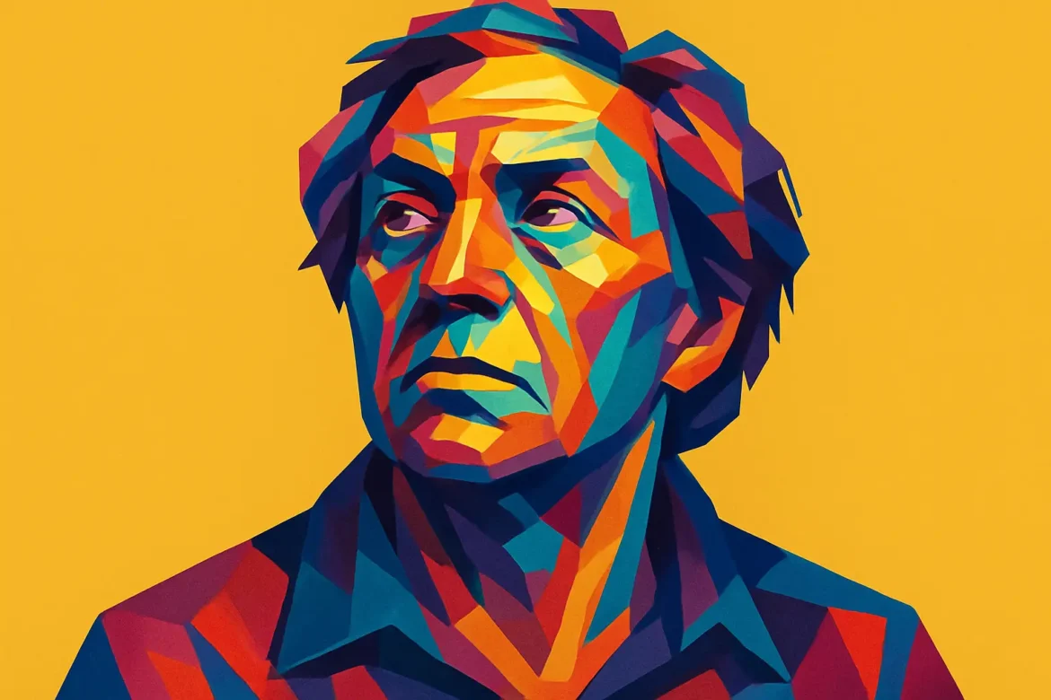 Vivid and geometric-style digital artwork depicting a contemplative man gazing into the distance. Rendered in bold, contrasting hues of orange, blue, and red against a bright yellow background, the portrait evokes themes of introspection and wisdom, aligning with the concept of ‘30 Phrases about Wisdom’. The stylized use of color and abstraction emphasizes emotional depth and intellectual presence.