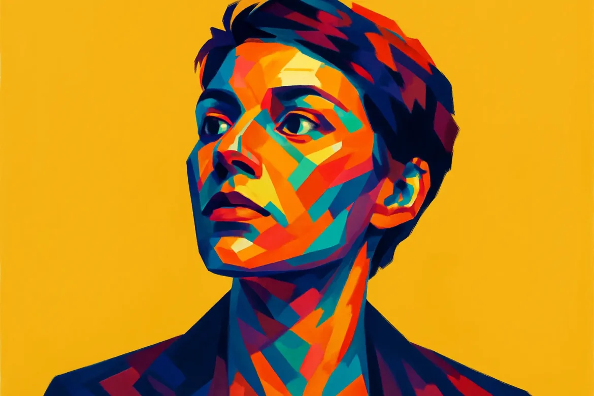 Colorful abstract digital portrait of a pensive individual gazing upward, set against a bright yellow background. The geometric style and vivid mix of blues, reds, and oranges create a striking contrast, visually representing a complex inner world. This artwork captures the theme of 'Reality' by symbolizing introspection and the layered nature of human perception.