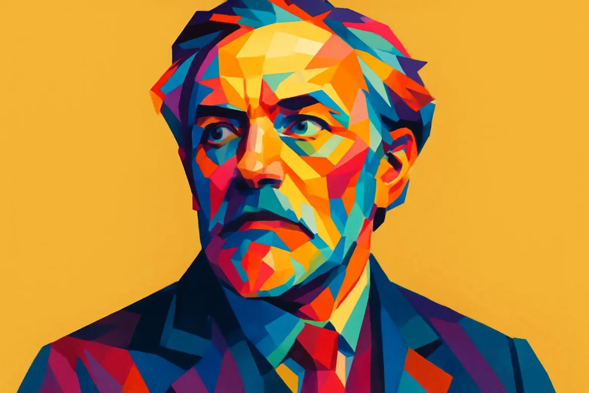 A striking, geometric-style digital portrait of a distinguished man with a contemplative expression, depicted in vibrant shades of red, blue, orange, and purple on a bold yellow background. The artistic rendering evokes themes of intellect and curiosity, aligning with the spirit of scientific exploration and discovery.