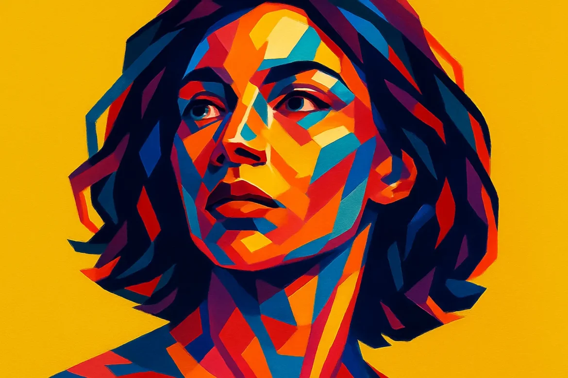 A vibrant geometric portrait of a woman set against a bright yellow background. The face is formed by sharp, multi-colored shapes in red, blue, orange, and purple tones, creating a stylized sense of depth and emotion. Her gaze slightly turned to the side evokes introspection and strength, blending modern art with the timeless beauty of human expression. A striking example of how contemporary art captures both emotion and aesthetics through bold color and form.