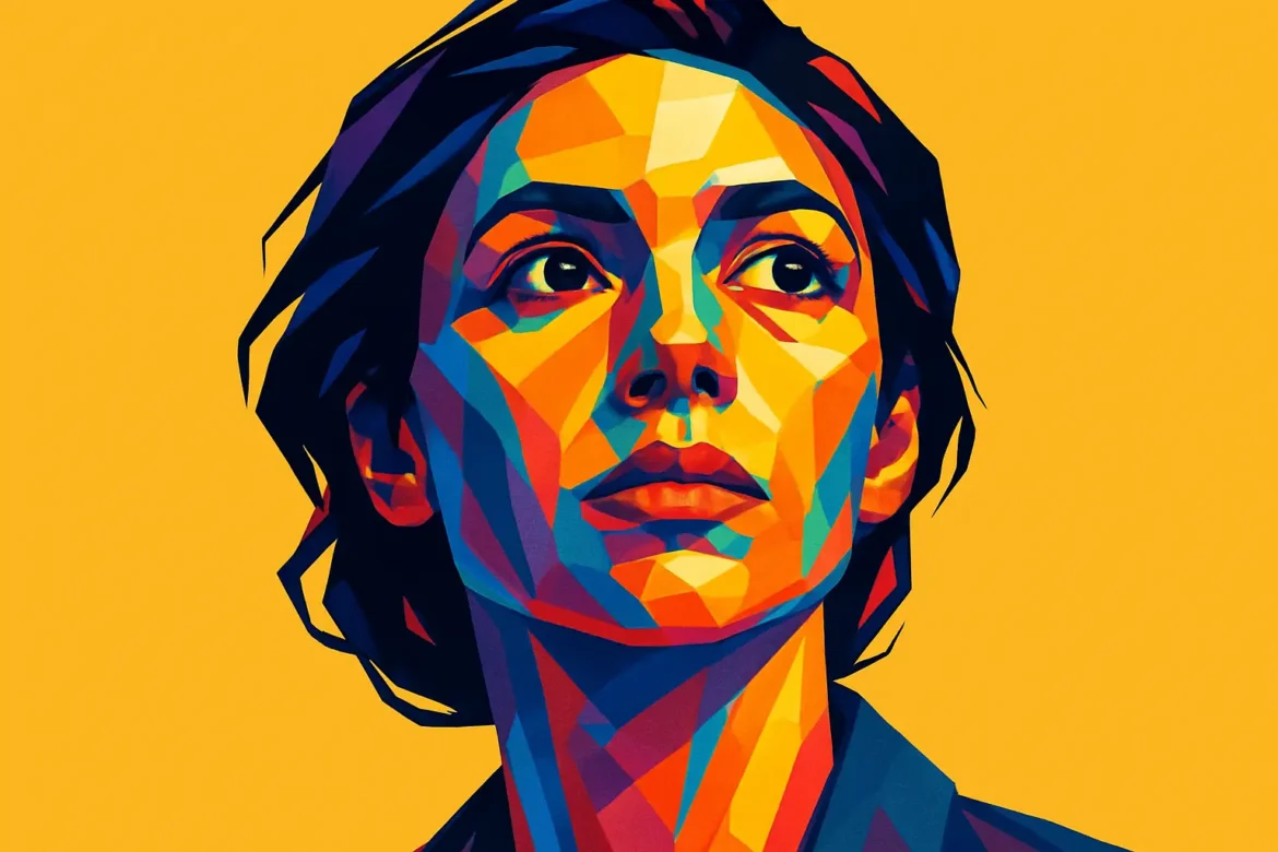 This striking digital artwork features an abstract portrait of a thoughtful woman, brought to life with vivid geometric shapes and a vibrant color palette. Set against a bold yellow background, her expression conveys depth and introspection, symbolizing the search for truth and personal authenticity—a visual metaphor tied to the theme of truth and its many facets.