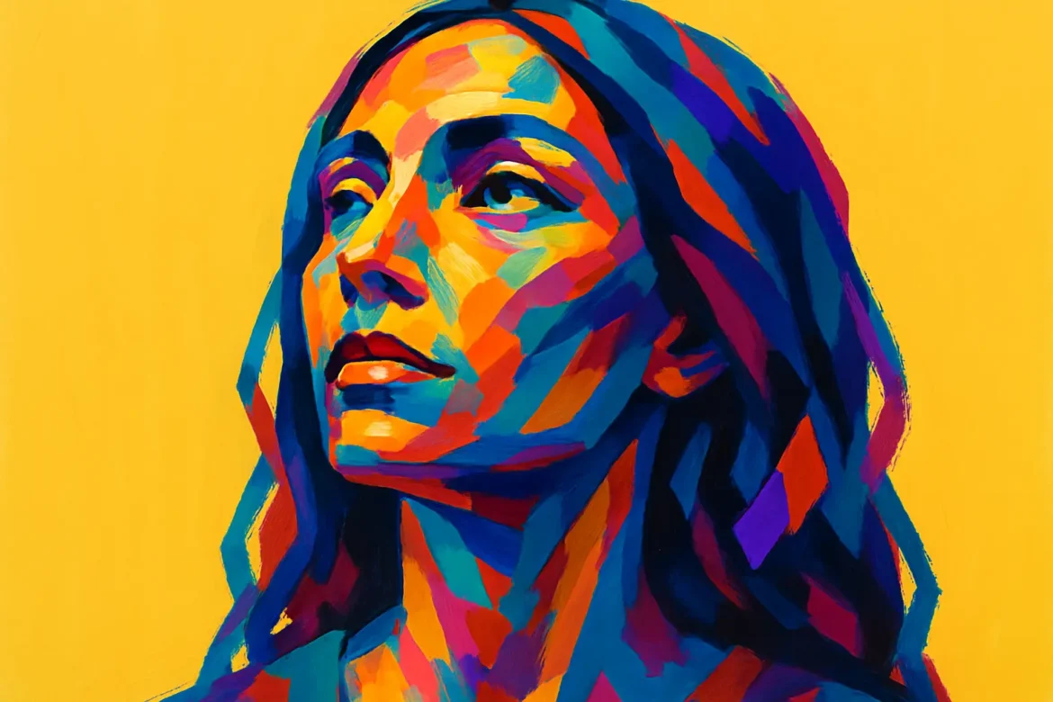 Colorful expressionist portrait of a spiritually inspired woman gazing upward against a bright yellow background. The use of layered strokes in bold hues—blue, orange, red, and purple—evokes a sense of inner strength, hope, and transcendence. This artwork captures the essence of spiritual awakening, reflecting themes of enlightenment and inner peace associated with the theme '50 Inspiring Spiritual Quotes'.