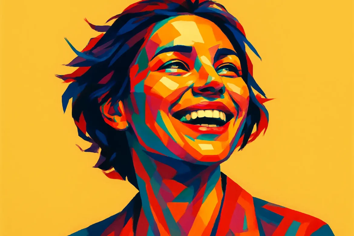 Vibrant and expressive digital artwork depicting a joyful woman with a broad, radiant smile. Set against a bold yellow background, the image uses a mosaic of striking colors—reds, blues, oranges, and purples—to convey warmth and emotional depth. This visually captivating piece captures the essence of happiness and positivity, perfectly aligned with the theme '50 Quotes About Happiness'.