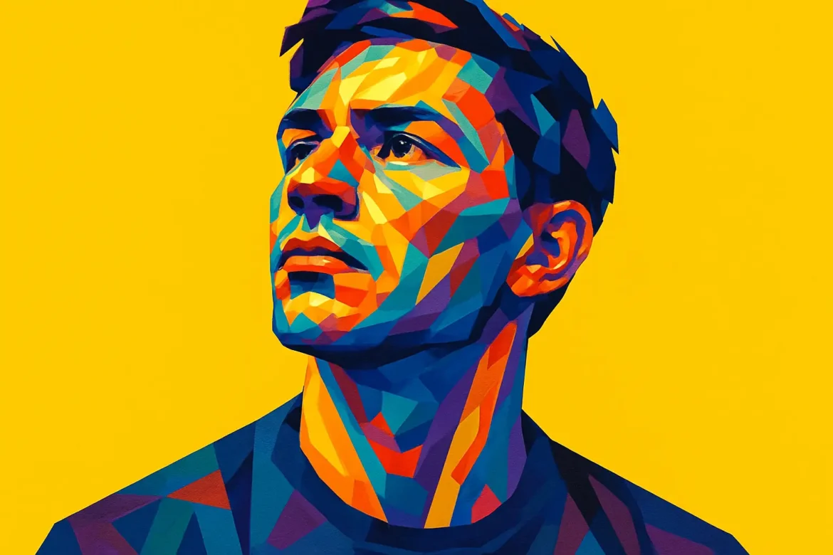 A vibrant, geometric pop-art style portrait of a young man gazing upward with determination, set against a bold yellow background. The colorful facets of his face suggest resilience, strength, and inner focus, embodying the essence of perseverance in the face of challenges. This image captures the spirit of pushing forward with unwavering resolve.