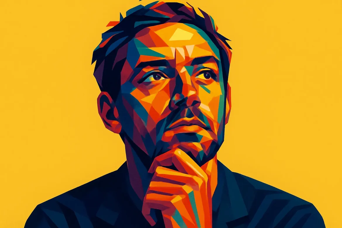 Vivid, abstract digital illustration of a man in deep contemplation, with his hand resting under his chin against a solid yellow background. The use of angular geometric shapes and bold, contrasting colors conveys a sense of introspection and intellectual depth, perfectly aligning with the theme of '60 Profound Quotes for Reflection'.