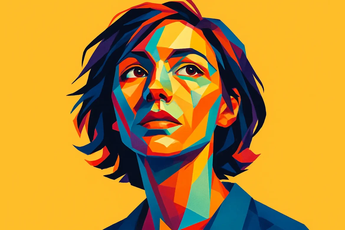 Vivid and geometric digital portrait of a contemplative woman against a bright yellow background, symbolizing introspection and the existential journey behind the theme '75 Quotes About the Meaning of Life.' The bold colors and faceted shapes evoke emotional depth and the complexity of human thought, encouraging viewers to reflect on their own purpose and identity.