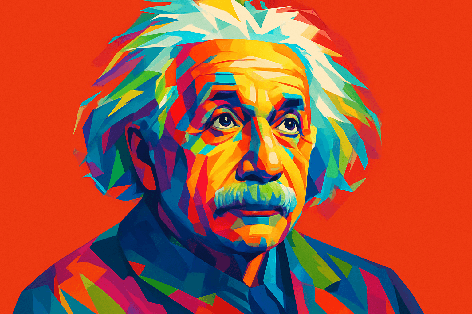 Albert Einstein — iconic theoretical physicist depicted in a vibrant, colorful pop art style with a bright red background and expressive, multi-colored facial features highlighting his recognizable white hair and mustache.