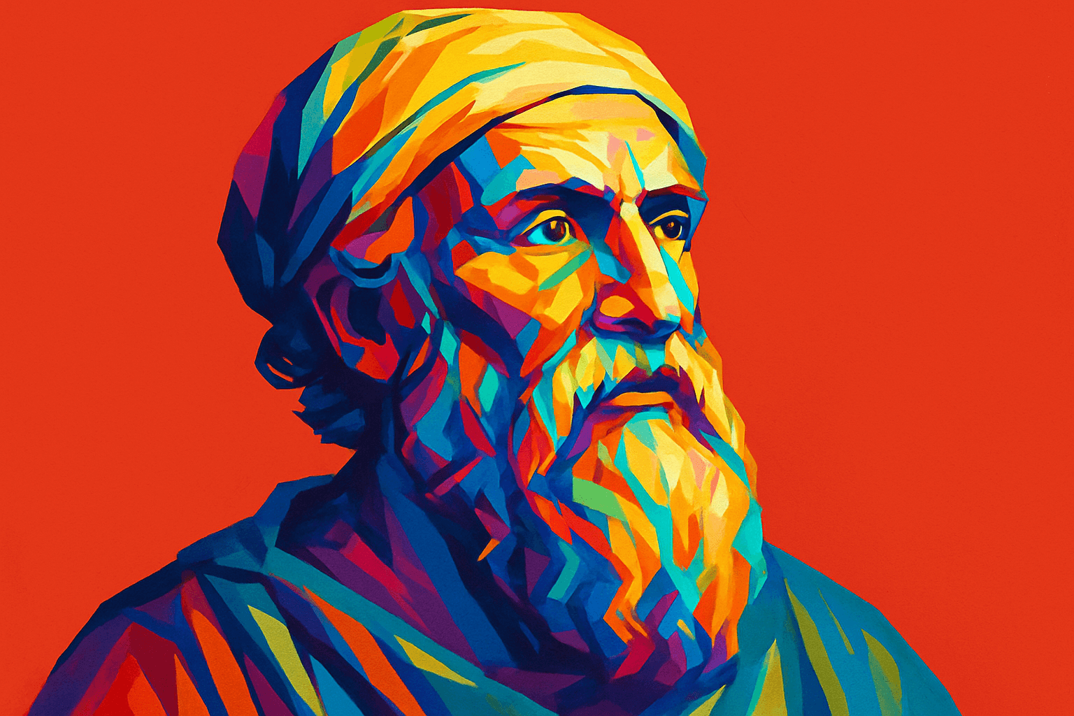 Vivid and colorful artistic portrait of Archimedes (c. 287 BCE – c. 212 BCE), the renowned Greek mathematician, physicist, engineer, and inventor. Known for his contributions to the understanding of levers, pulleys, and buoyancy, Archimedes laid the foundations of hydrostatics and mechanics. With his groundbreaking mathematical theories and innovative machines, he remains one of the most influential figures in the history of science.