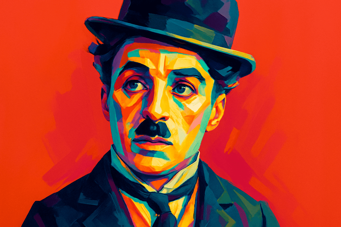 Charlie Chaplin — iconic silent film star depicted in a vibrant, colorful portrait wearing his trademark bowler hat and mustache, set against a bold red background symbolizing his influence on early cinema.