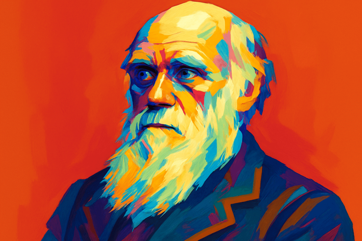 Colorful artistic portrait of Charles Darwin (1809 – 1882), the British naturalist and biologist known for developing the theory of evolution by natural selection. Darwin’s groundbreaking work, especially his book 'On the Origin of Species' (1859), revolutionized the understanding of biological diversity and laid the foundation for modern evolutionary biology.