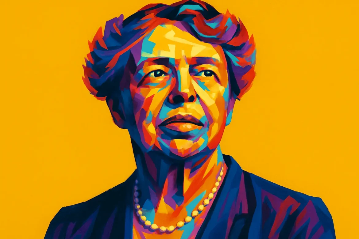 Vibrant pop art-style portrait of Eleanor Roosevelt (1884–1962), former First Lady of the United States, diplomat, and tireless advocate for civil and human rights. Renowned for transforming the role of the First Lady, she was a key figure in the drafting of the Universal Declaration of Human Rights as a delegate to the United Nations. Her legacy endures as a symbol of compassion, activism, and progressive leadership.