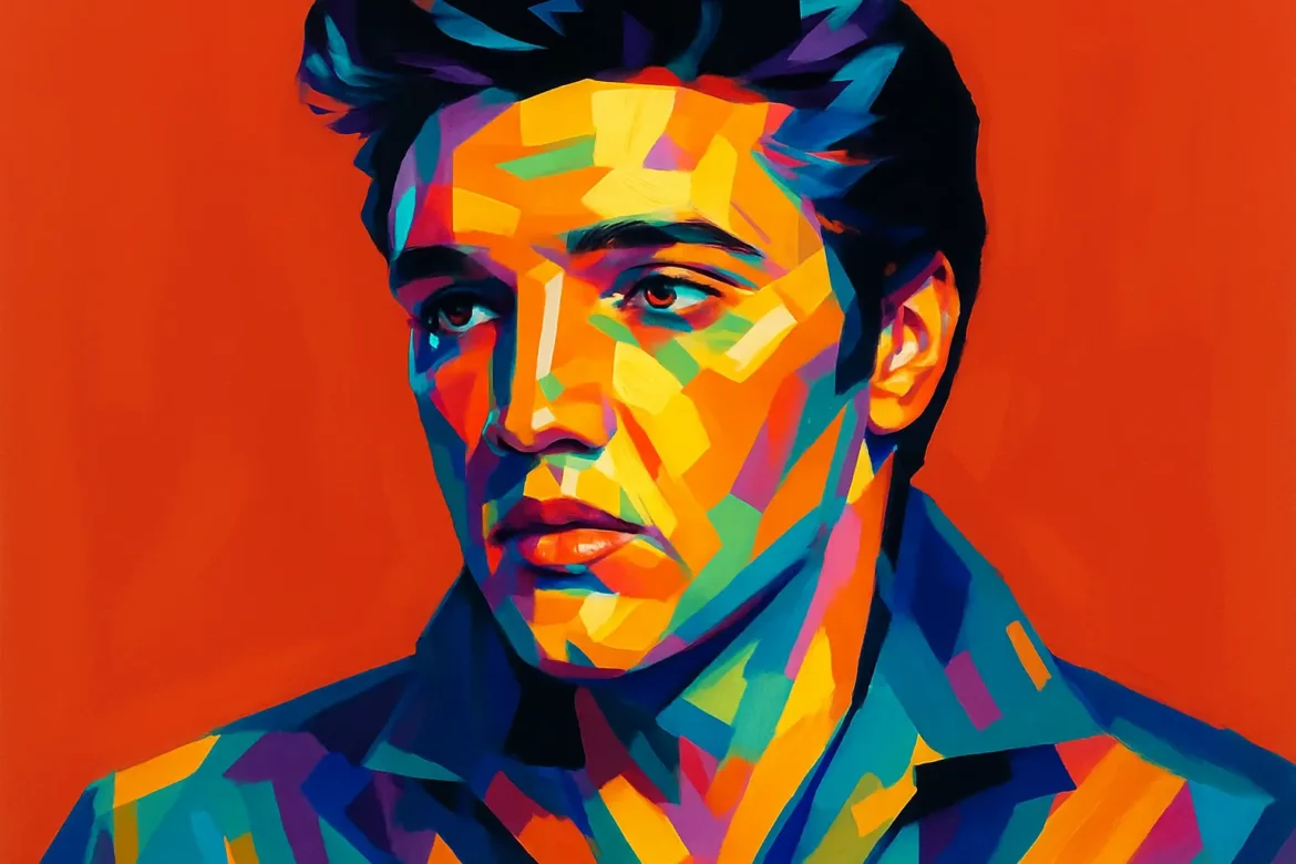 Vibrant and colorful artistic portrait of Elvis Presley (1935 – 1977), the legendary American singer and actor widely hailed as the King of Rock and Roll. Known for his charismatic stage presence, powerful voice, and groundbreaking influence on popular music, Presley revolutionized the music industry in the 20th century with iconic hits and unforgettable performances. This artwork captures his striking features and dynamic aura against a bold red background, reflecting his status as a cultural icon.