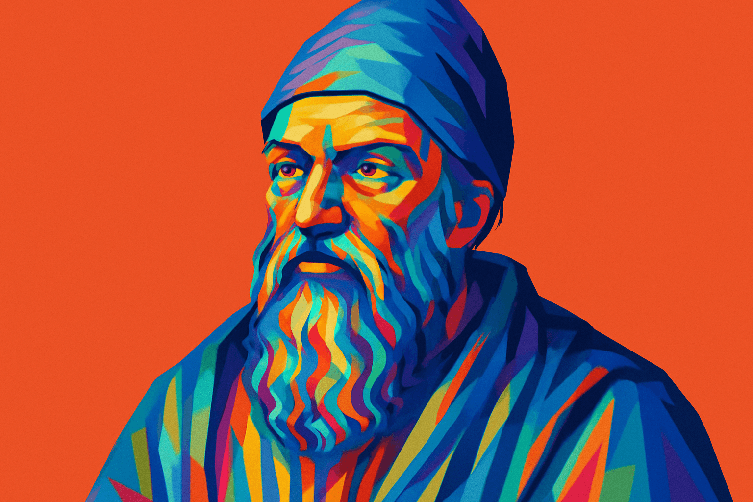 Euclid — renowned ancient Greek mathematician, depicted in a colorful geometric portrait wearing a blue robe and cap, set against a vivid orange background that symbolizes his enduring influence on mathematics through works such as 'Elements'.