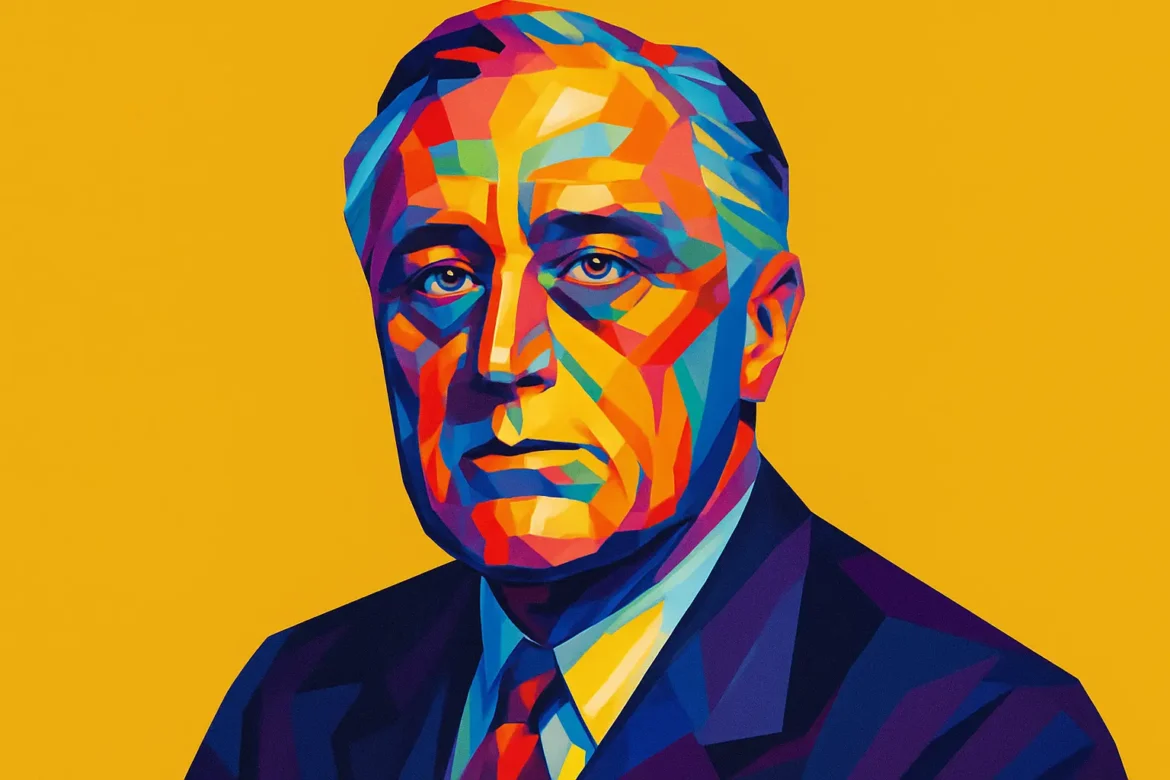 Colorful artistic portrait of Franklin D. Roosevelt (1882 – 1945), the 32nd President of the United States, who led the country through the Great Depression and World War II. Serving four terms, he implemented the New Deal to combat economic hardship and played a crucial role in the Allied victory. His leadership reshaped American politics and established the foundations of the modern welfare state.