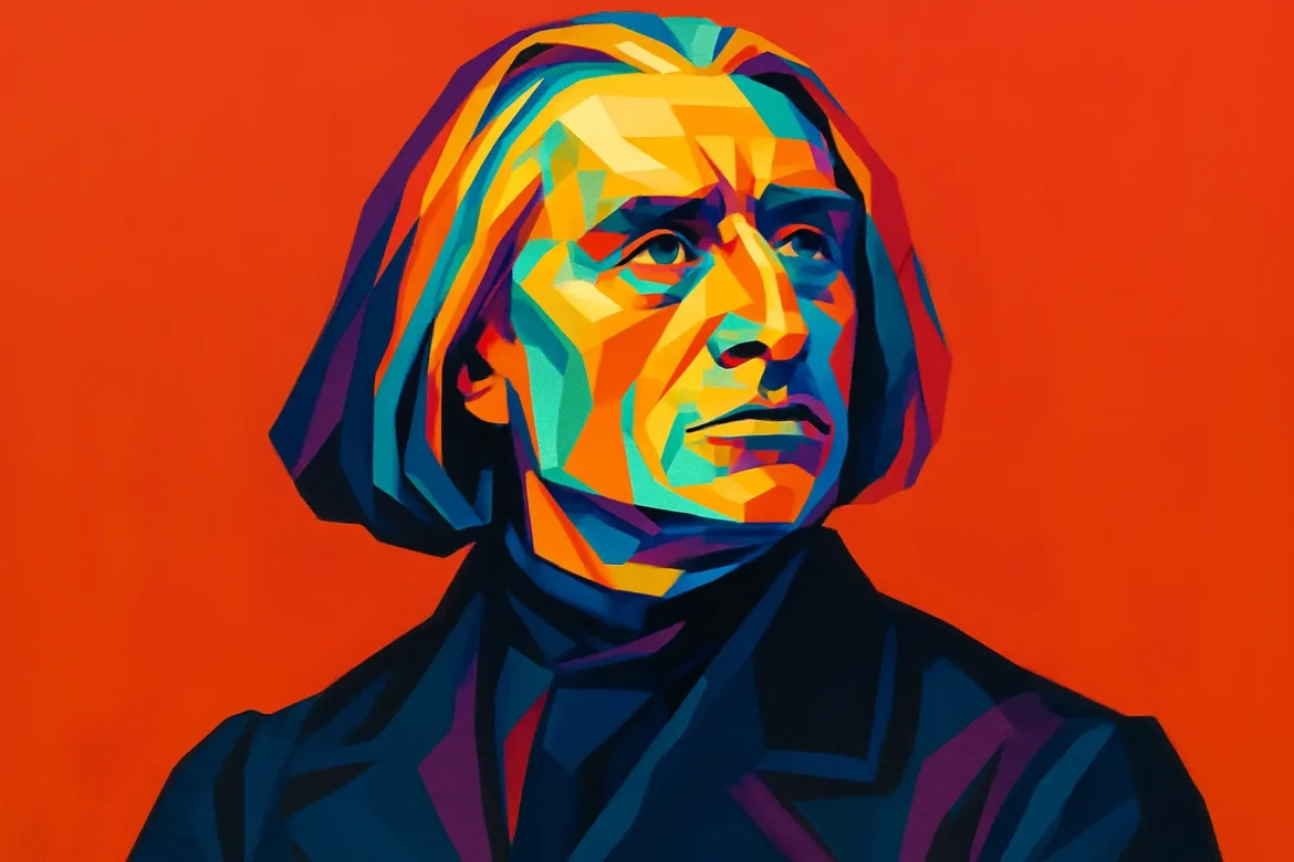 Vibrant pop art portrait of Franz Liszt (1811–1886), the legendary Hungarian composer, pianist, and conductor renowned for his extraordinary virtuosity and innovative compositions. A central figure of the Romantic era, Liszt revolutionized piano technique and was a pioneering force in symphonic poems. The colorful geometric style emphasizes his dramatic presence and artistic brilliance.